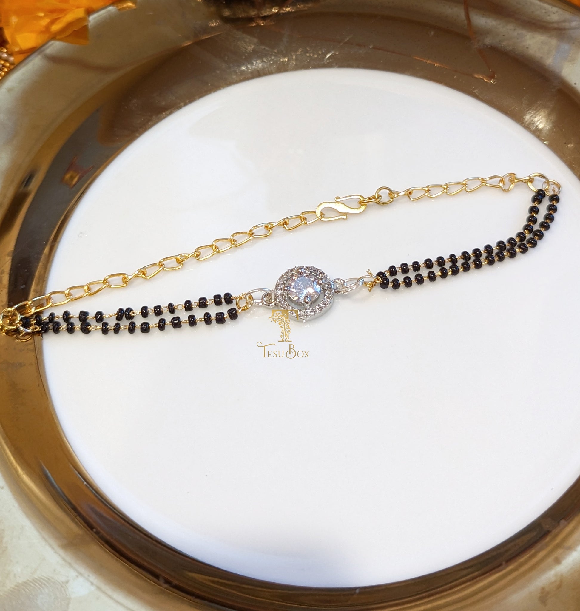 Mahi Dual Chain 'M' Alphabet Initial Mangalsutra Bracelet with Beads a